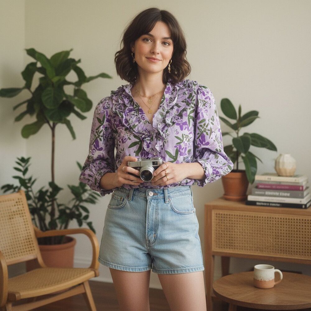PINCH Avara Greta Floral Ruffle Blouse Medium Purple Wildflower Puff Sleeve Boho